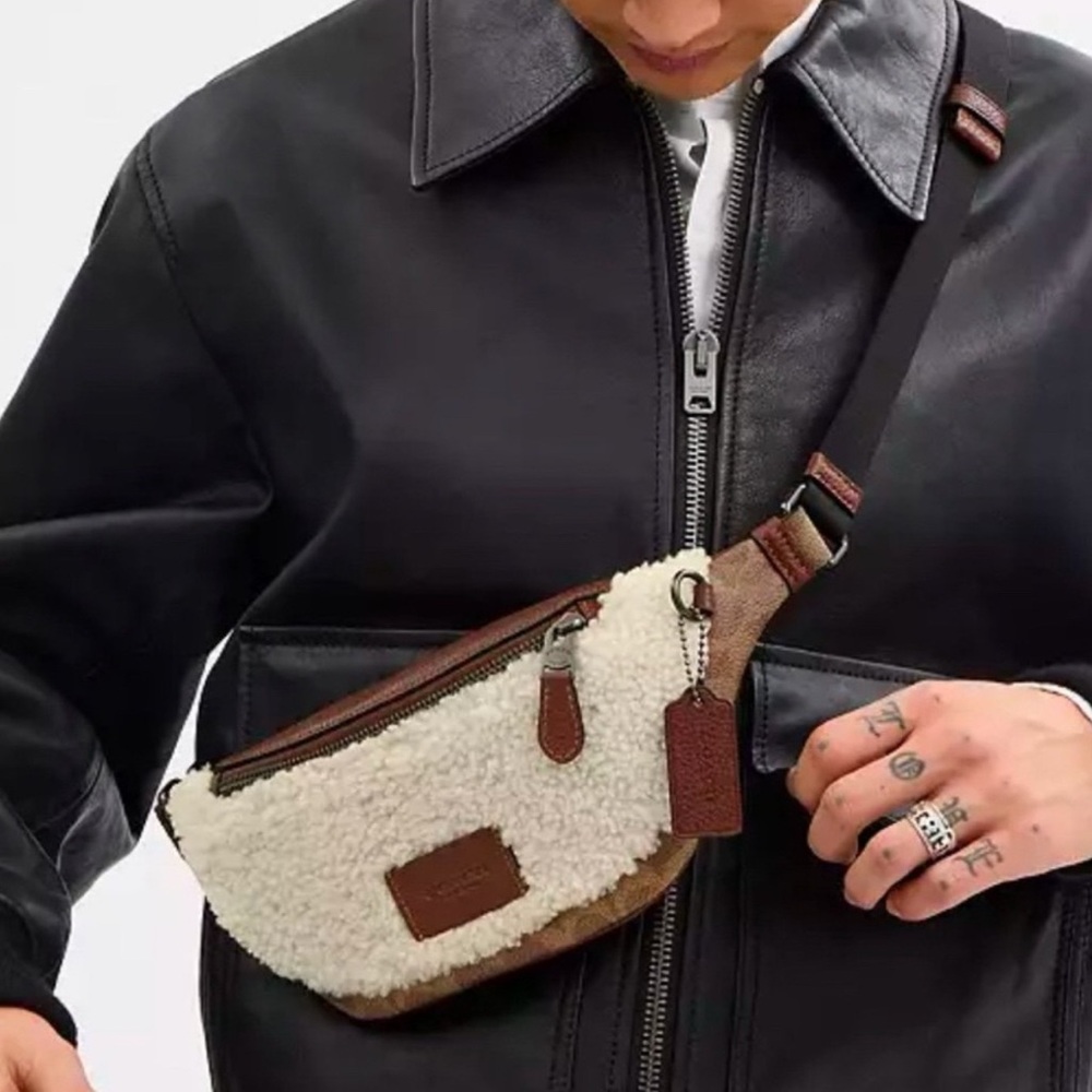Coach Shearling and Leather Belt Bag Teddy Bear version limited- Cream and Brown